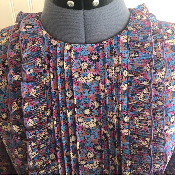 Vintage Ruffles Pleats Floral Dress Long Sleeve Colorful Fuchsia Lavender Silky - Picture 7 of 16